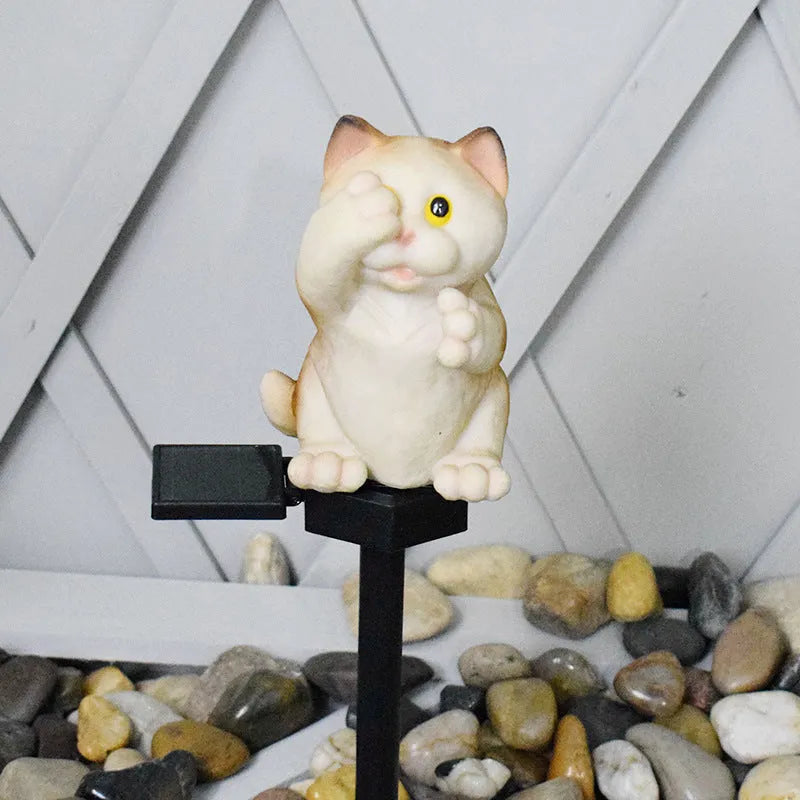 Brown and grey cat-shaped resin solar lawn light for outdoor gardens
