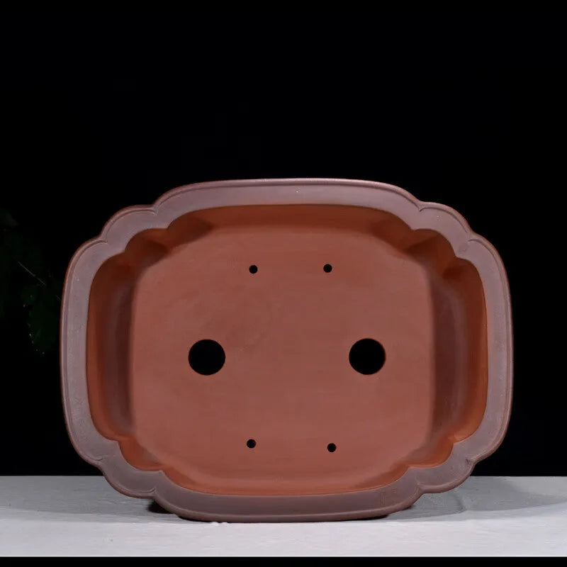 Large antique finish purple clay flower pot with Chinese styling, dimensions 71cm long by 54cm wide