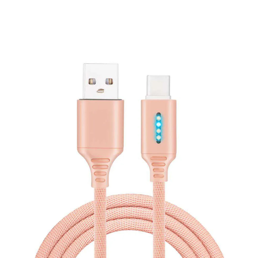 Fabric braided USB fast charging cable in black, shown with Android and Type-C connectors.