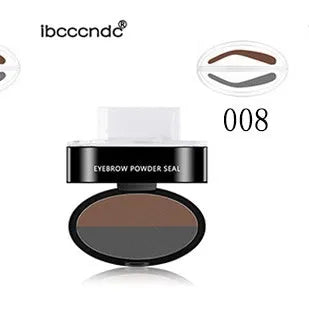 Eyebrow powder stamp with dual powders and reusable stencils in dark brown and light brown shades.