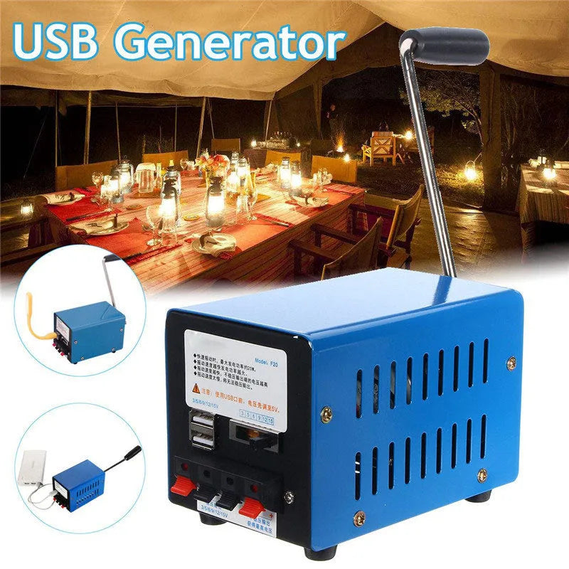 Blue metal hand crank USB power generator with anti-slip pads, dimensions 125mm x 80mm x 85mm.