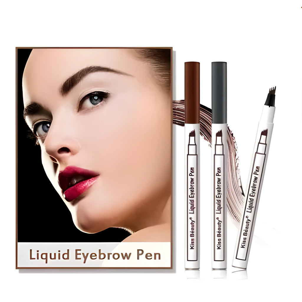 Waterproof four-tip eyebrow pen with fork tip applicator for natural hair-like brow strokes, 1ML liquid tint