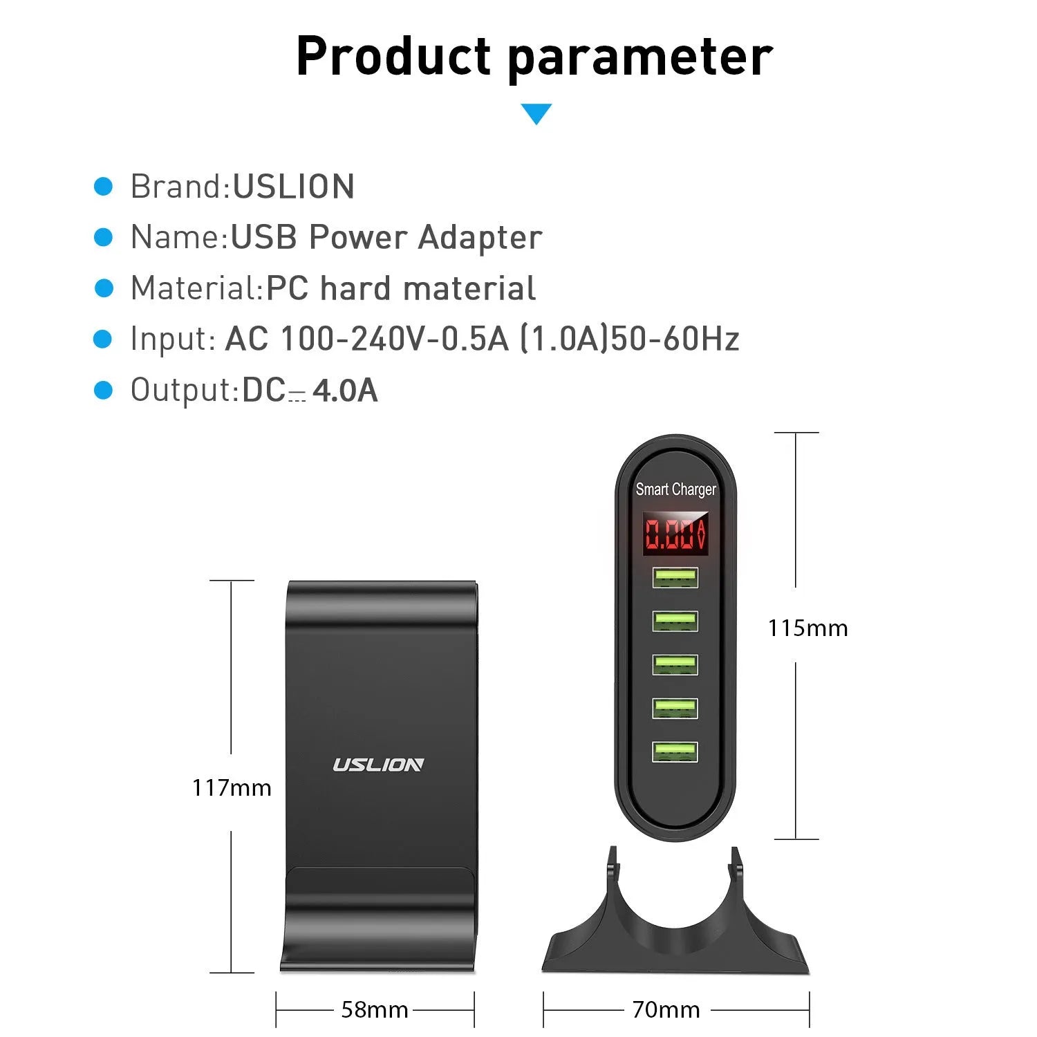 Smart LED digital display USB charger showing voltage readout with EU UK US plug options