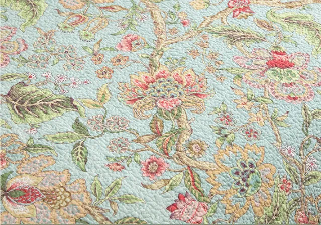 Blue American floral and bird pattern cotton bedspread quilt set with three pieces