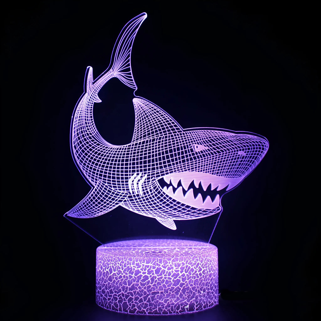 Shark shaped 3D LED table lamp with colourful acrylic light panel on black ABS base