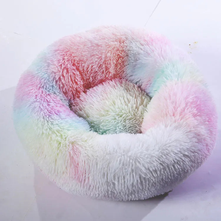 Plush pet nest in apricot colour on floor, soft cloth circular dog bed 40cm diameter indoor use