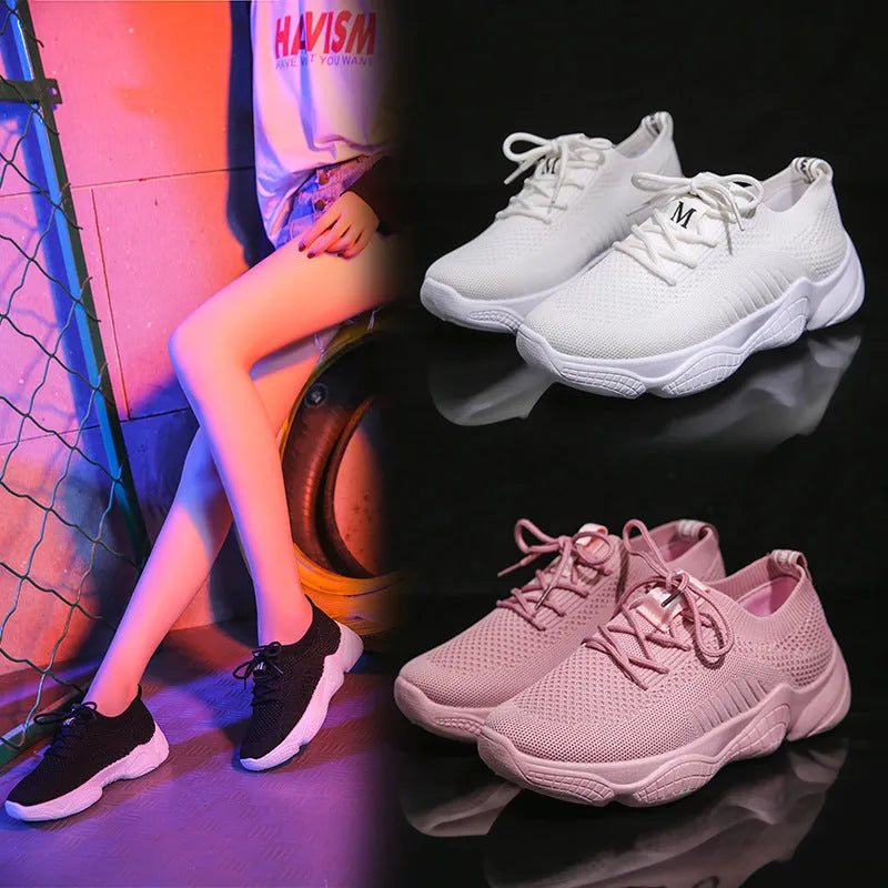 Women's white thick-soled woven sports shoes with front strap and rubber sole