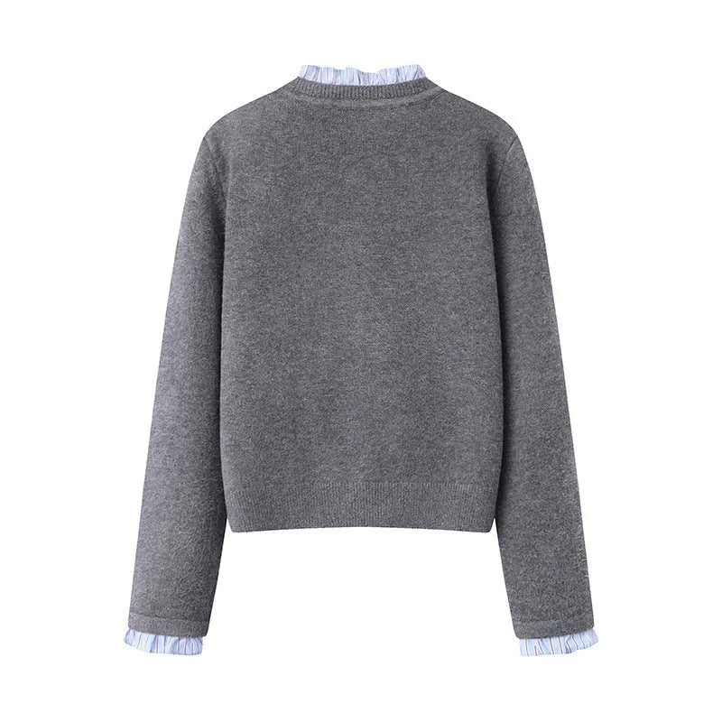 Women's pleated lace collar sweater coat in navy blue, acrylic knit, long sleeves