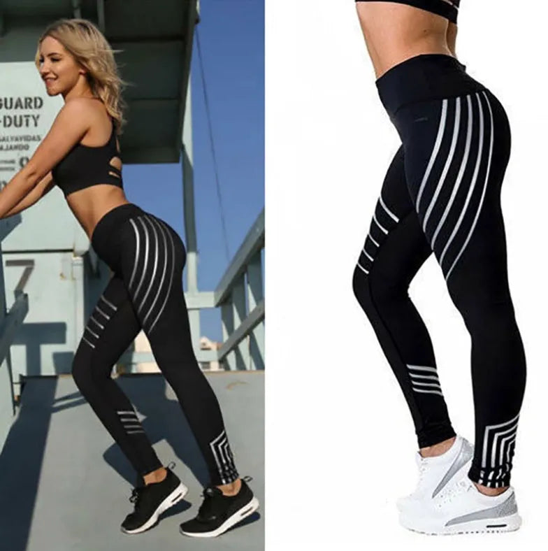Women's black workout leggings with glowing print pattern, slim fit design
