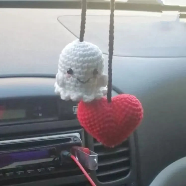Plush hand-woven car hanging ornament in a cartoon design made from polyester