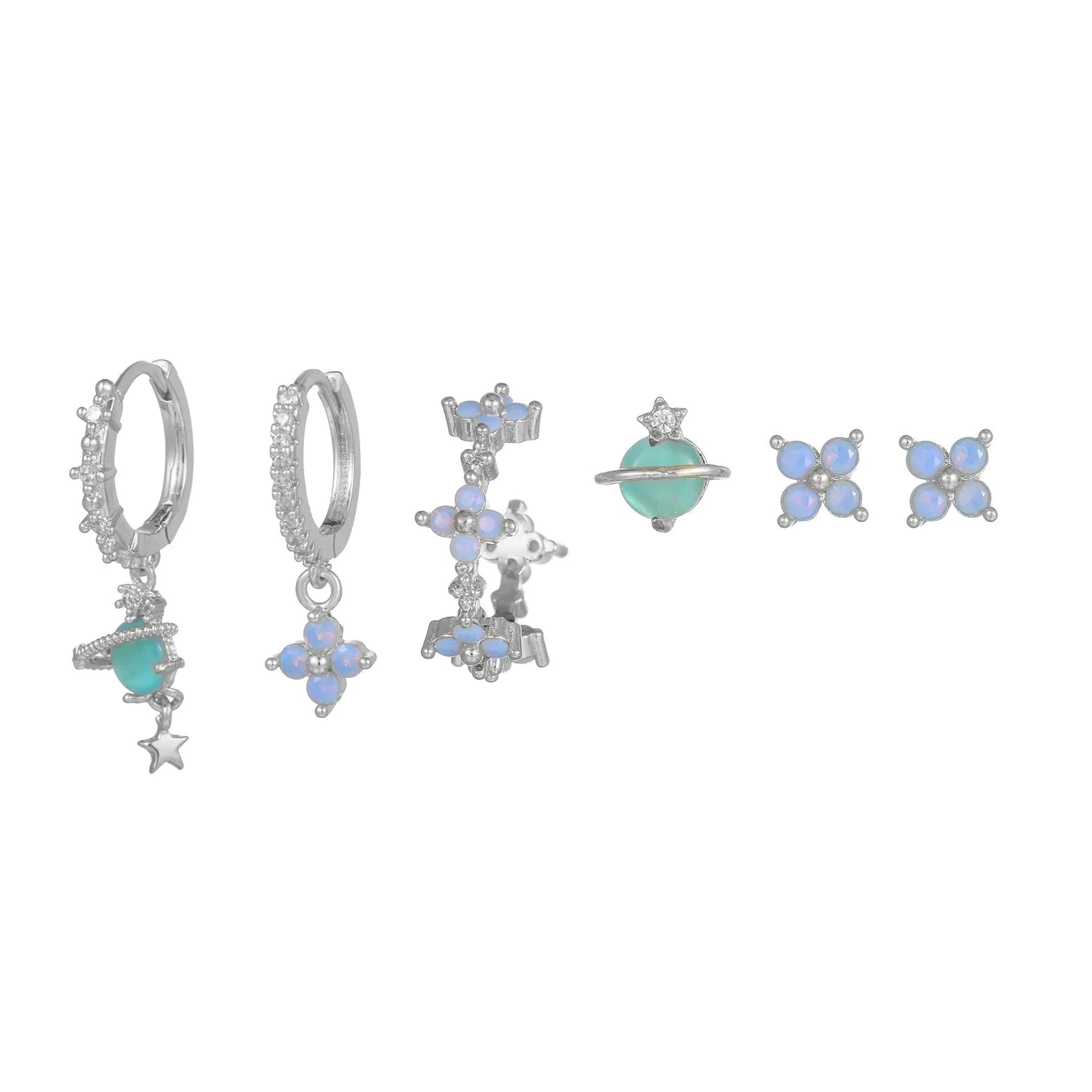 Gold or silver flower ear studs with zircon mosaic centre detail geometric design