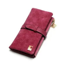 Korean retro long wallet in PU leather showing vertical design, zip closure, and open view of internal compartments.
