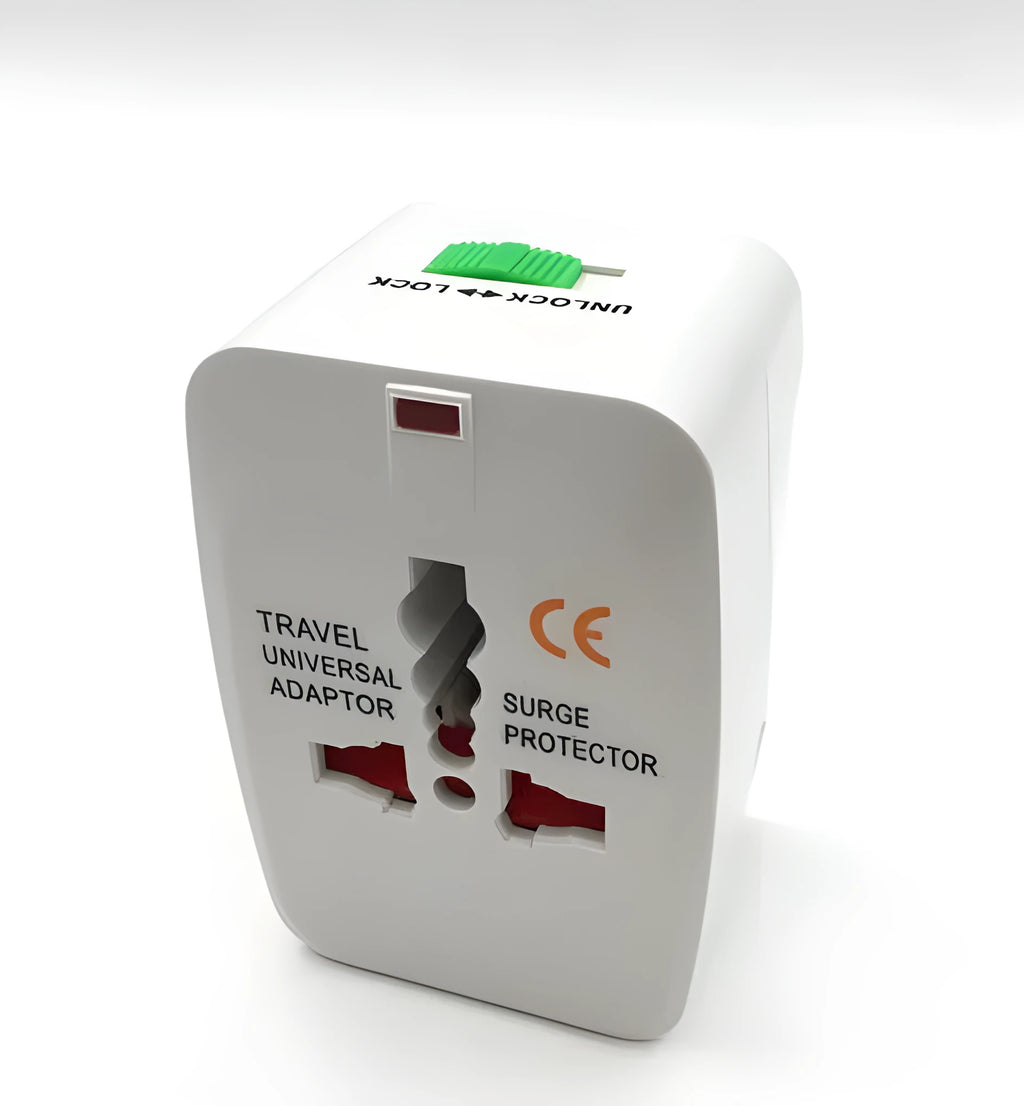 A compact white universal travel plug converter on a plain background.