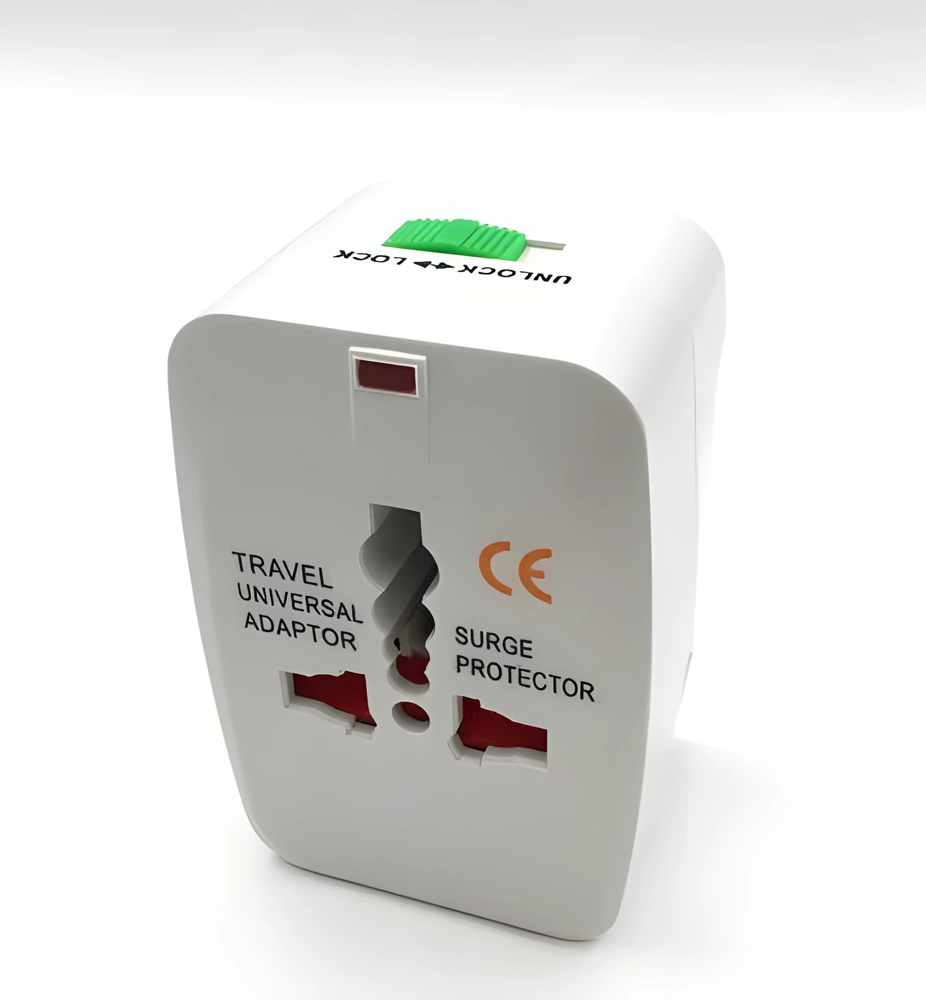 A compact white universal travel plug converter on a plain background.
