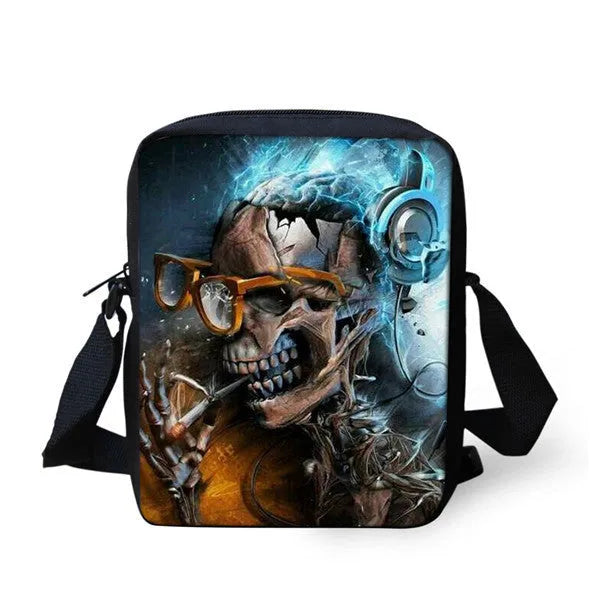 Children's messenger bag with skull pattern showing double adjustable straps and zippered main compartment