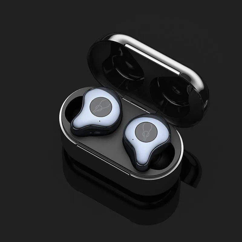 Wireless TWS Bluetooth headset in charging case with colour options including Coffee, Grey, and Purple