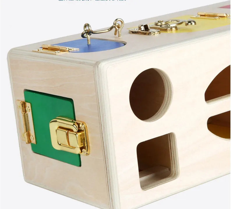 Wooden shape sorting educational toy with lock mechanism for preschool children