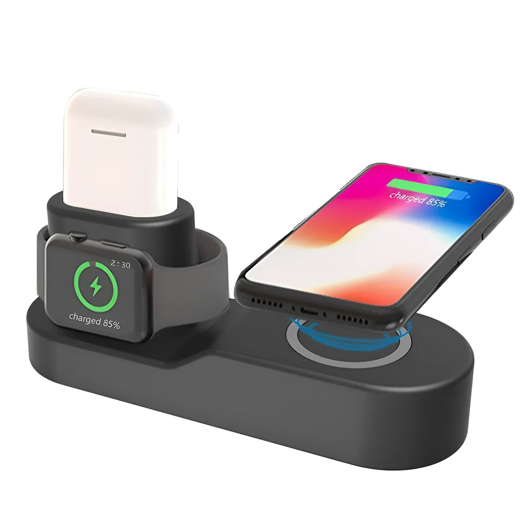Black W3 model 3-in-1 wireless charging station for Apple Watch, phone and AirPods on a desk