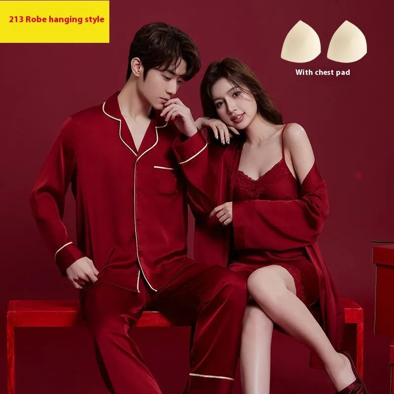 Red polyester ice silk sleepwear set for men and women with long sleeves and trousers