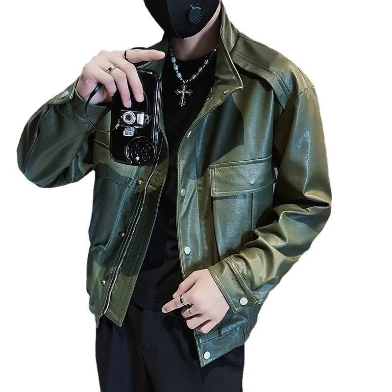 Men's black PU leather Korean-style pilot jacket with side pockets and straight hem.