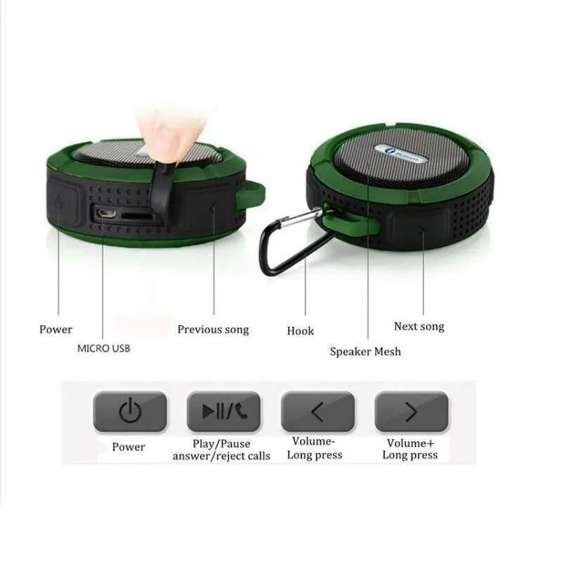 Waterproof Bluetooth speaker in Army Green colour, side view showing grille and controls, 98mm width portable design