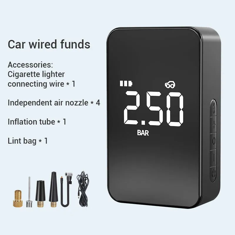 Wireless digital tyre inflator pump with LCD screen, compact ABS housing, and multiple air nozzles