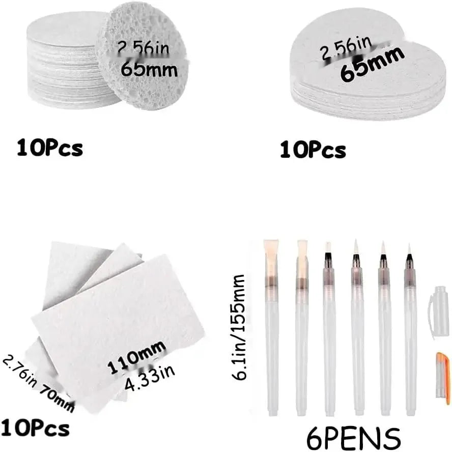 Cartoon wood pulp paper and painting sponge set with six fountain pens and heart, round, square paper shapes