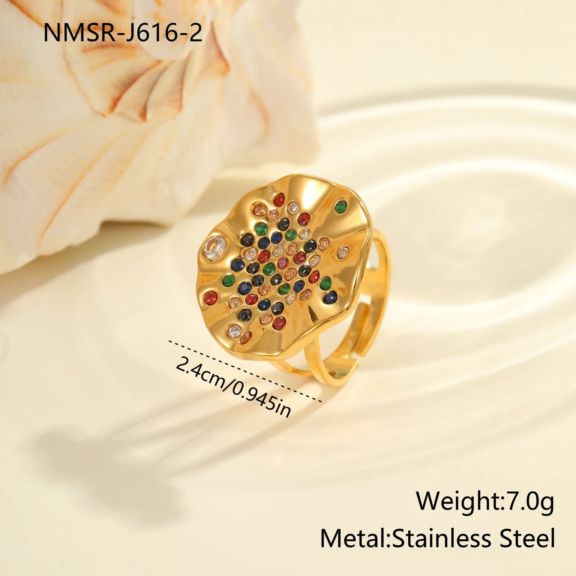 Geometric pleated titanium steel ring with crystal inlays and adjustable open mouth design