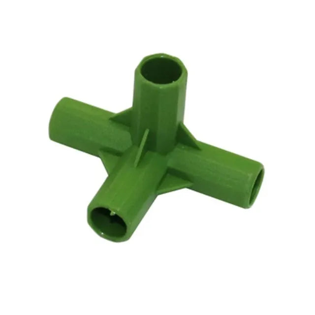 Two white PP plastic plant support connectors for 11mm garden stakes, showing three-way and four-way joint designs.