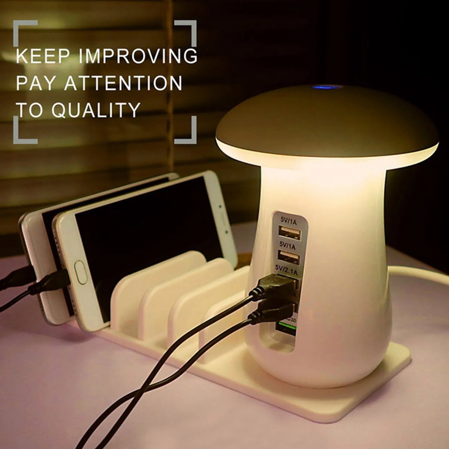 White mushroom-shaped USB charging station with 5 ports and LED lamp for desk organisation