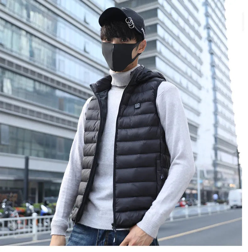 Heated cotton vest with carbon fibre heating element in black, available in sizes L to 4XL