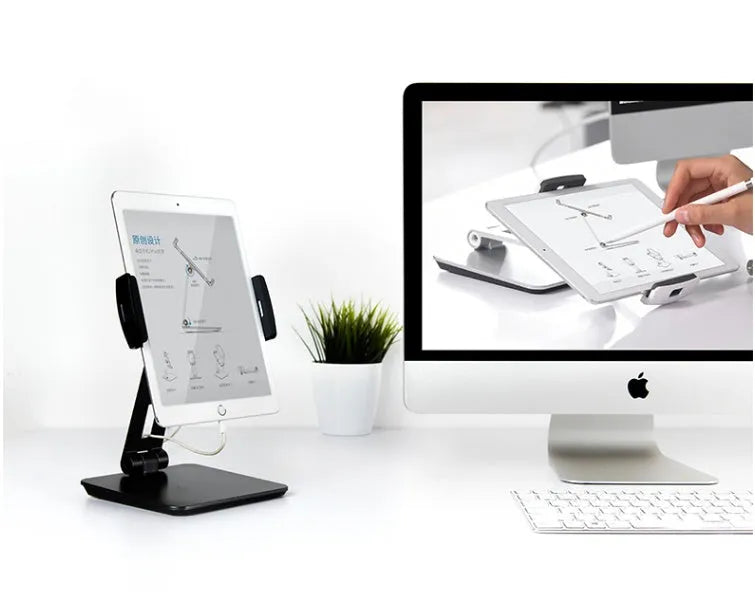 Folding aluminium desktop phone tablet holder with 360-degree rotation in silver colour