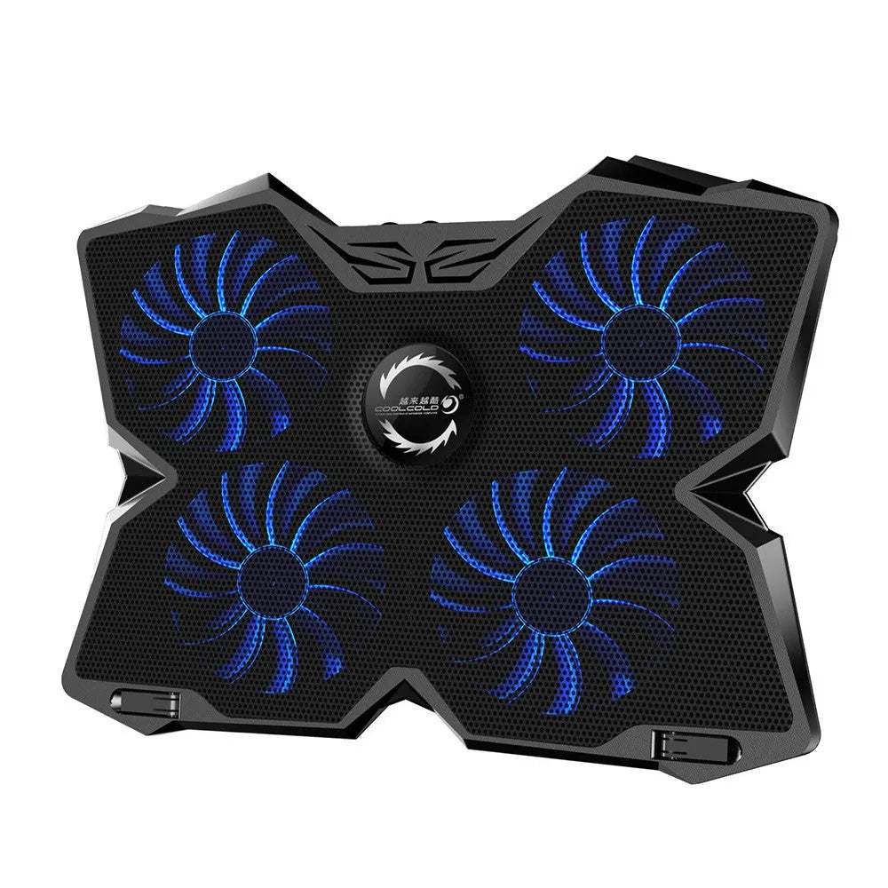 Blue laptop cooling base with four LED fans and integrated USB ports for computer temperature control
