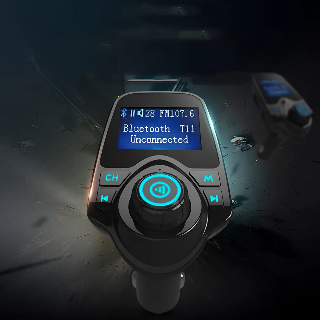 Black G7 car Bluetooth FM transmitter and hands-free kit with USB port for charging and audio playback.