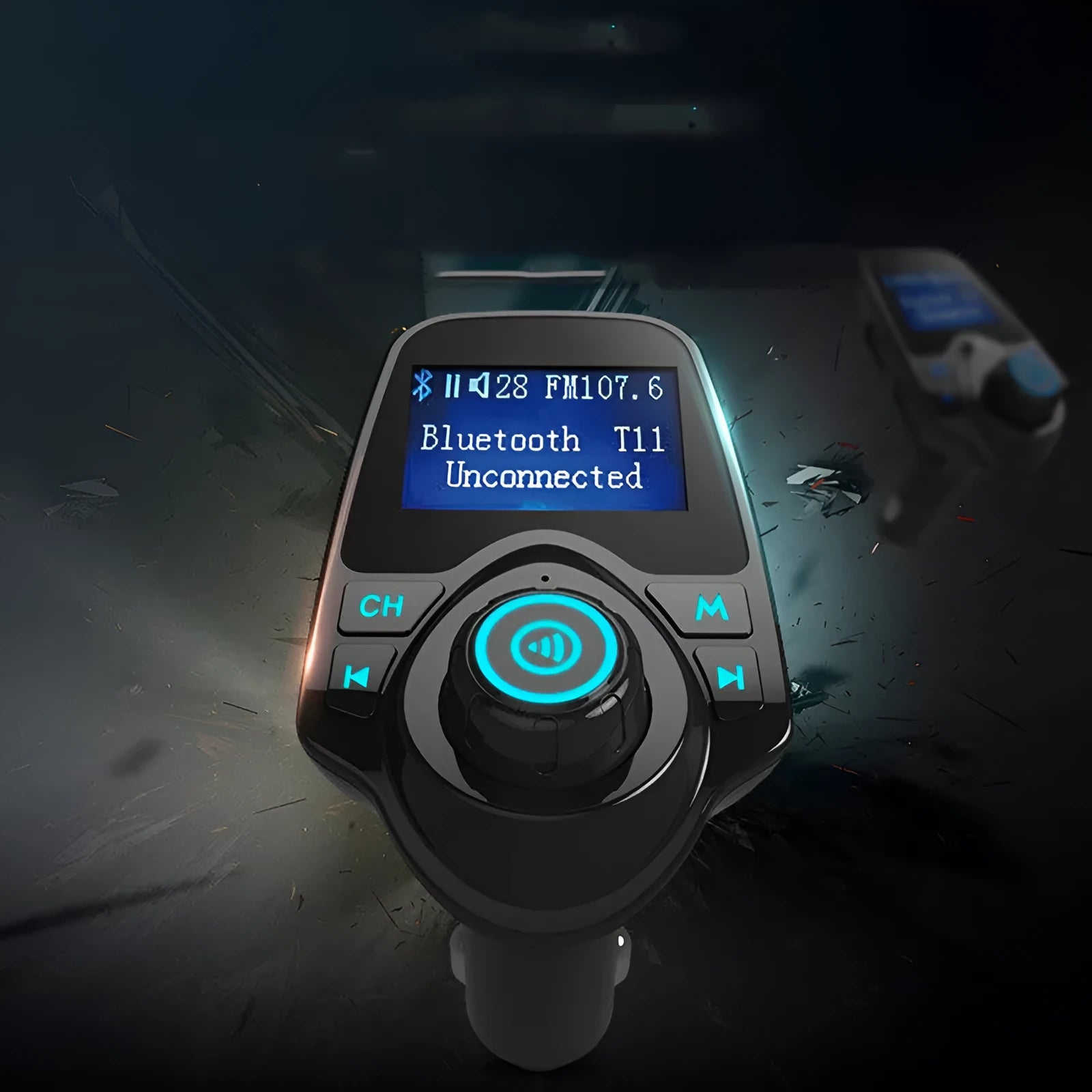Black G7 car Bluetooth FM transmitter and hands-free kit with USB port for charging and audio playback.