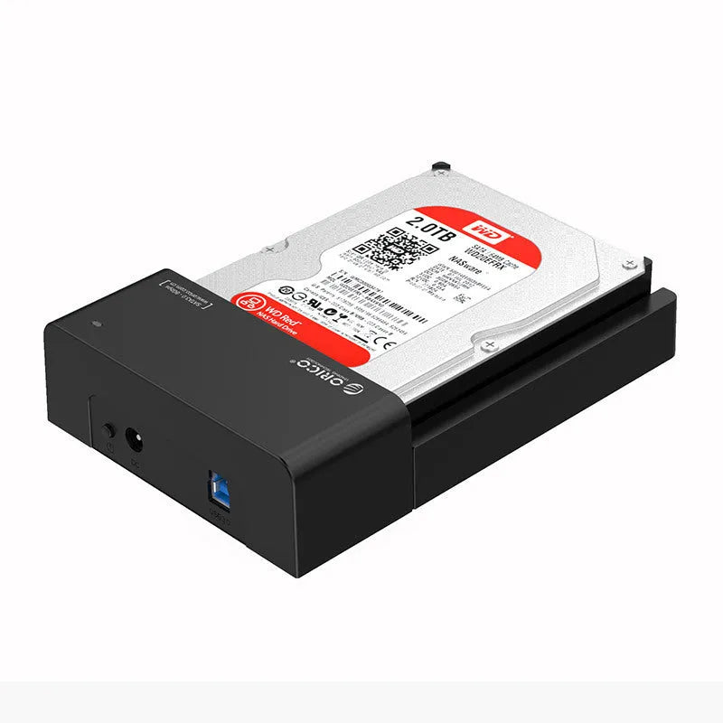 Black universal hard drive enclosure for 2.5 inch and 3.5 inch SATA drives with data cable