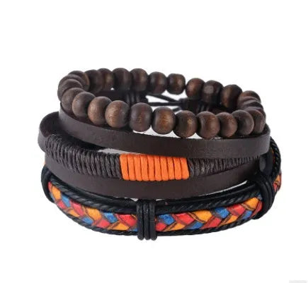 Adjustable leather punk wrap bracelet with wooden beads and multilayer design