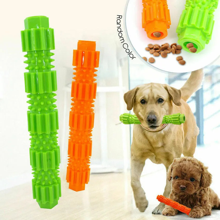 Green and orange natural rubber dog chew toy with treat-dispensing hole for aggressive chewers.
