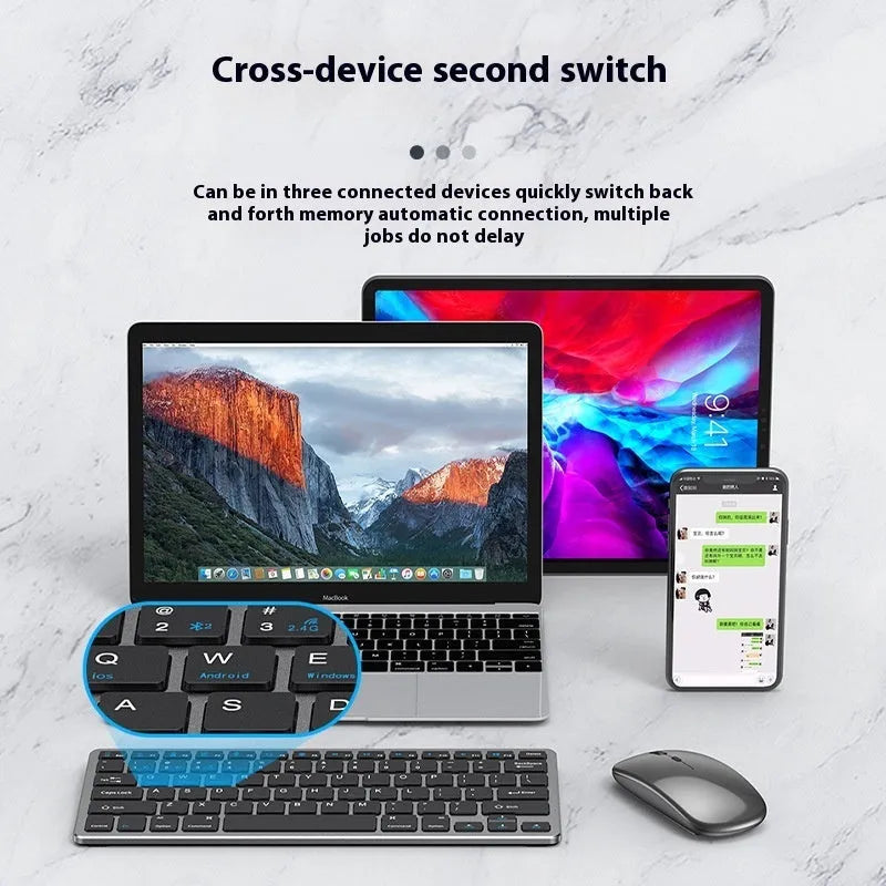 Ultra-thin wireless keyboard and mouse suit in black, grey, or silver with rechargeable Bluetooth connectivity