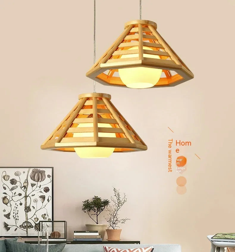 Modern minimalist bamboo woven woodcraft ceiling pendant lamp in wood colour with LED light source, 35cm or 50cm size