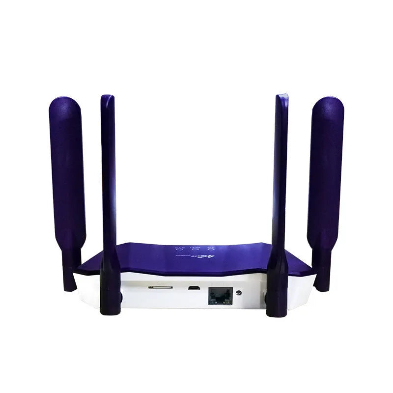 Blue 4G dual-mode router with four external antennas on a desk