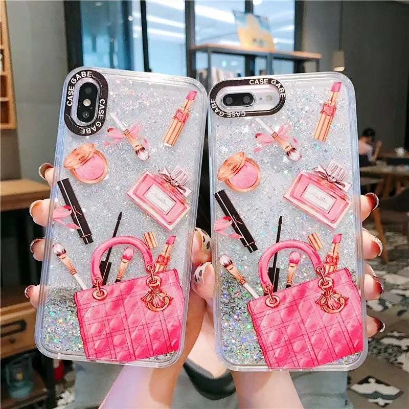 Pink cosmetic liquid quicksand phone case for iPhone XR with dynamic glitter effect