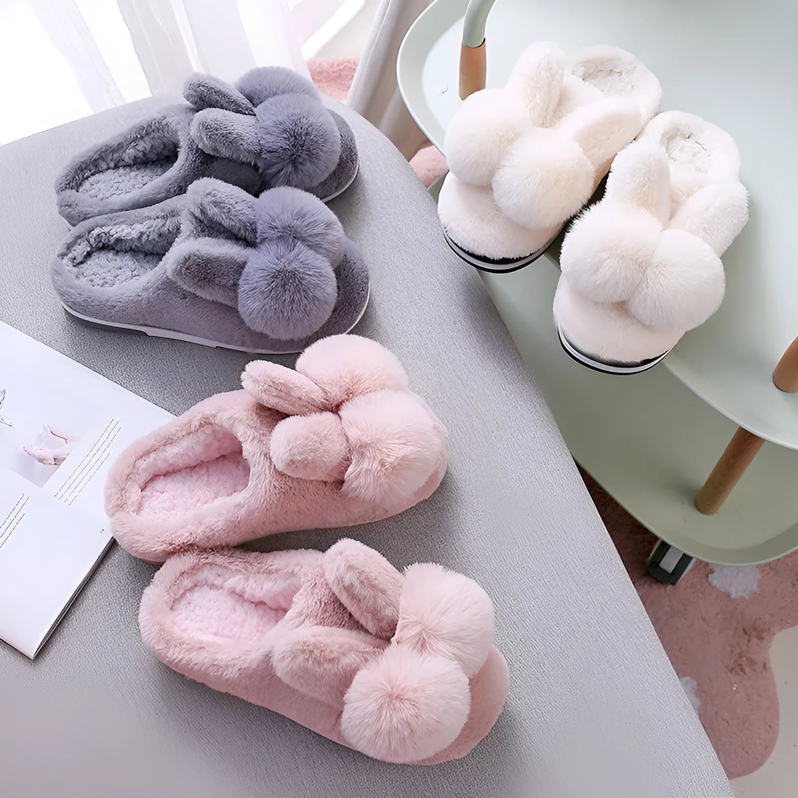 Women's high-top rabbit fur slippers in creamy white colour with floral detail.