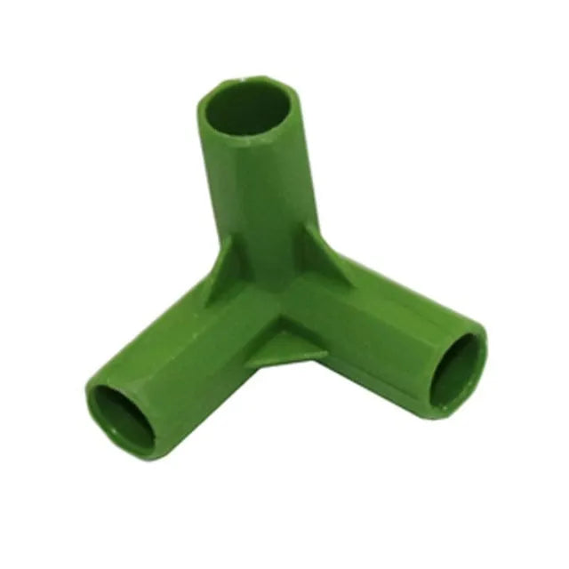 Two white PP plastic plant support connectors for 11mm garden stakes, showing three-way and four-way joint designs.