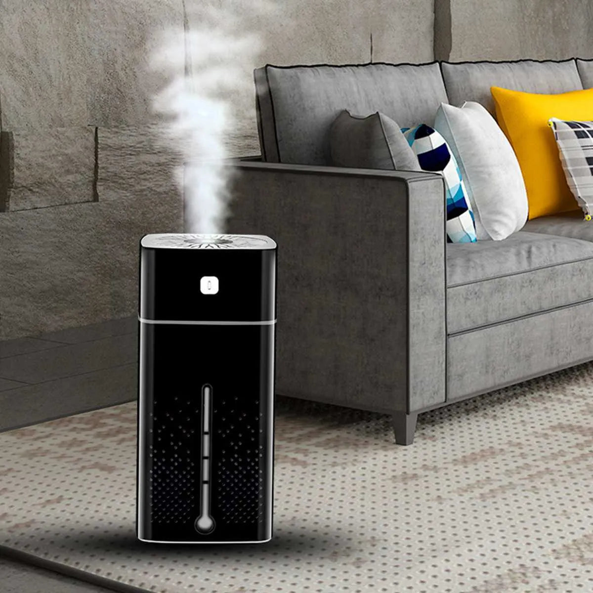 Black and white desktop humidifier with USB port and 1000ml water capacity for home office use