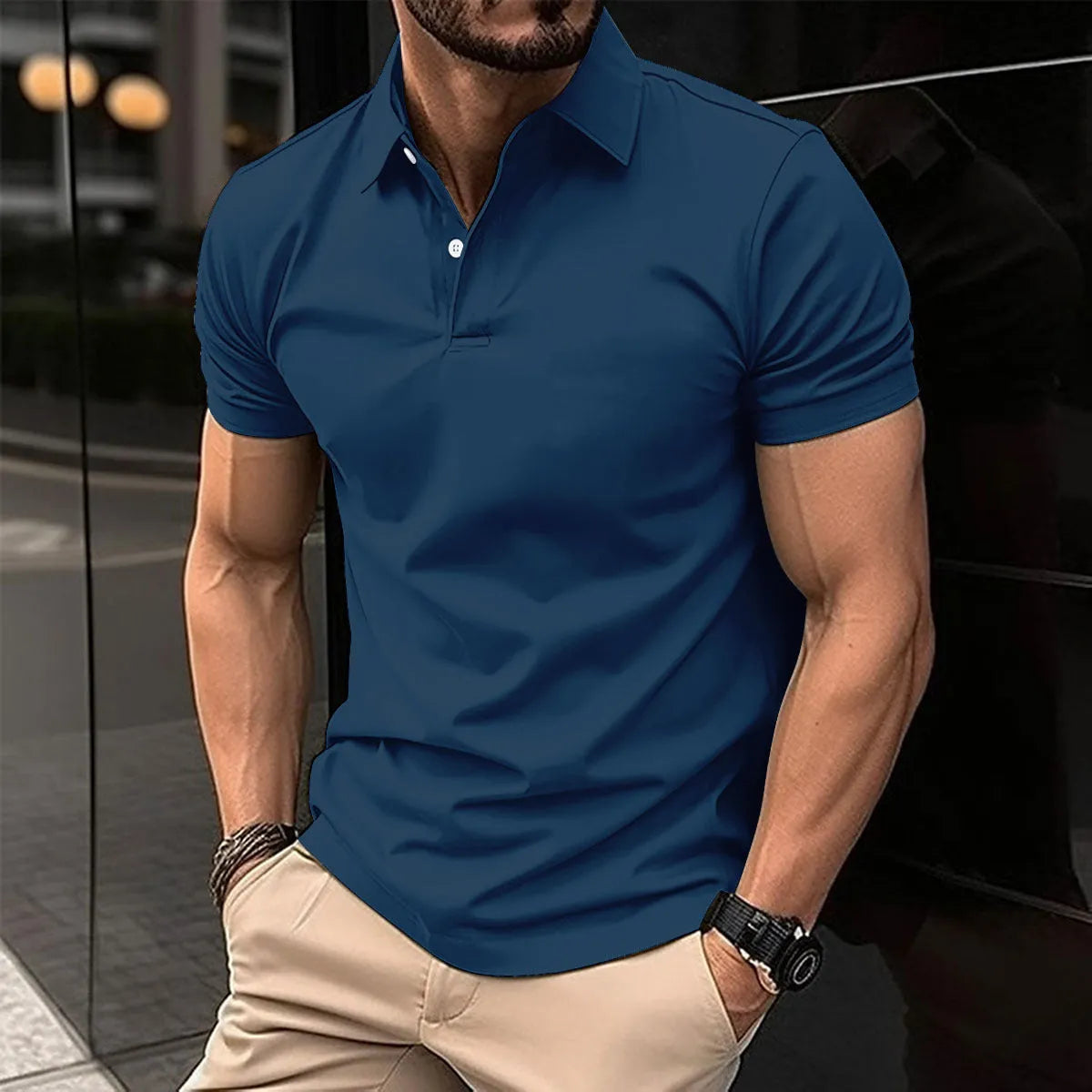 Men's solid colour short sleeve polo shirt with button lapel on a hanger
