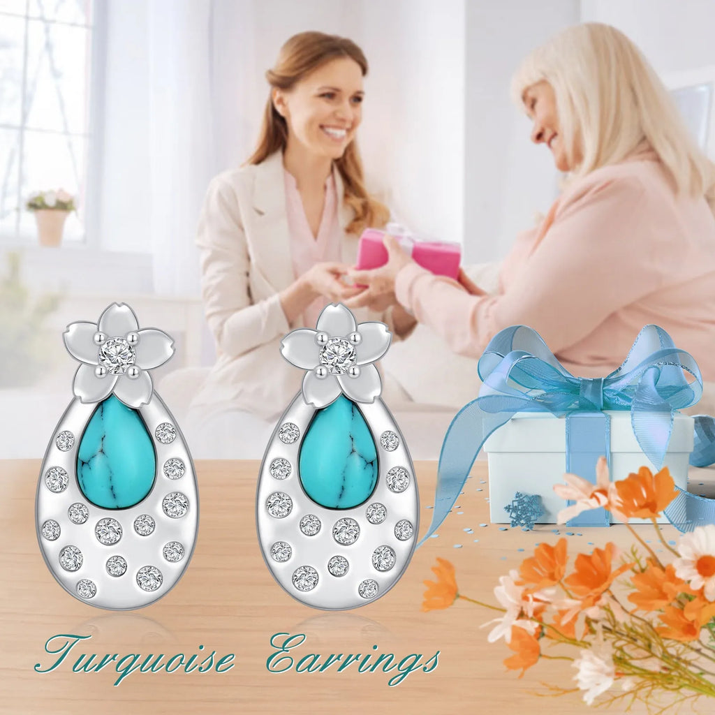 Pair of turquoise cherry blossom 925 sterling silver stud earrings with cubic zirconia, 15.8x8.5mm, white gold plated