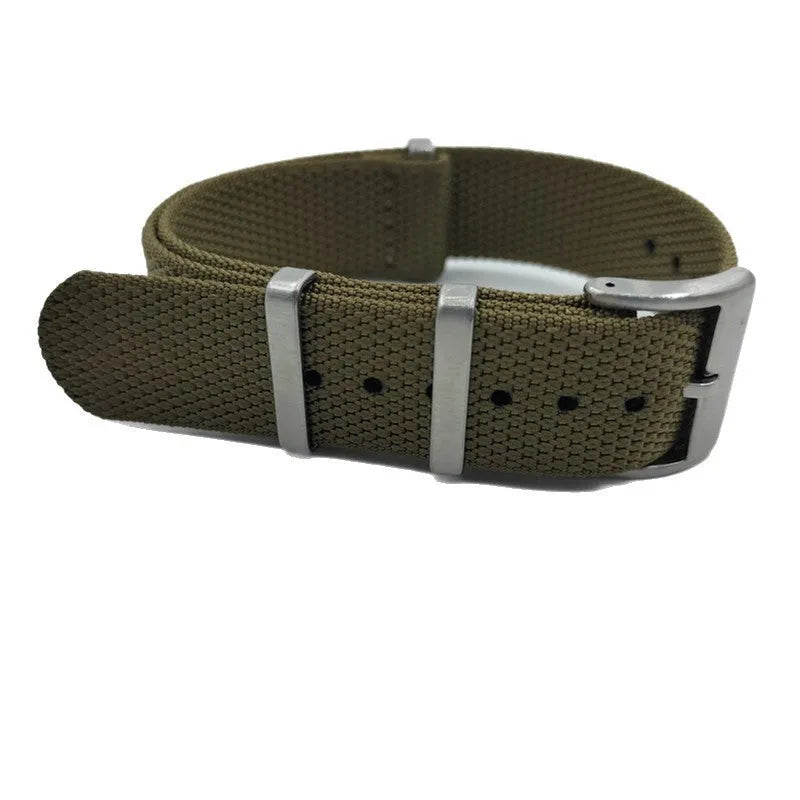 Nylon quick-release watch strap in army green colour showing integrated spring bars
