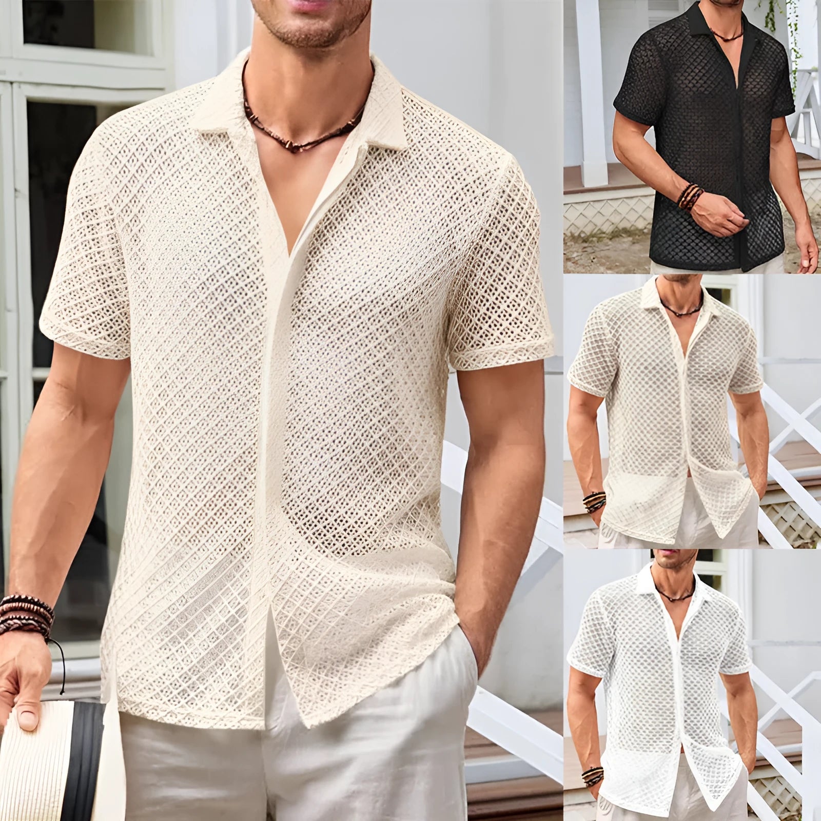 Men's short sleeve mesh cardigan shirt in cotton blend fabric available in beige, black, and white colours