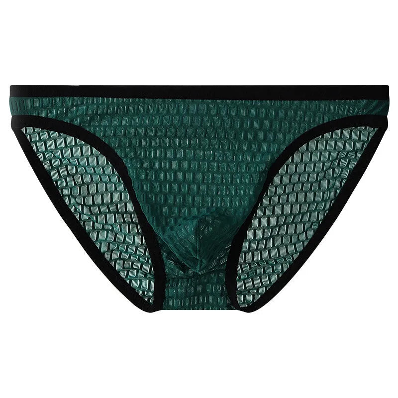 Men's low waist lace underwear shorts in black, showing transparent visual style and lace fabric detail.